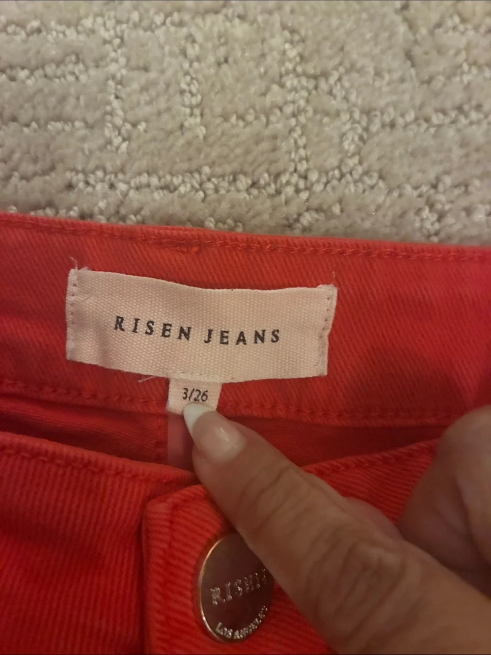 Women's Red Flare Jeans with Frayed Hem - Picture 2 of 8